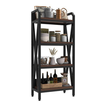 56" Black And Brown Metal and Wood Four Tier Etagere Bookcase HomeRoots
