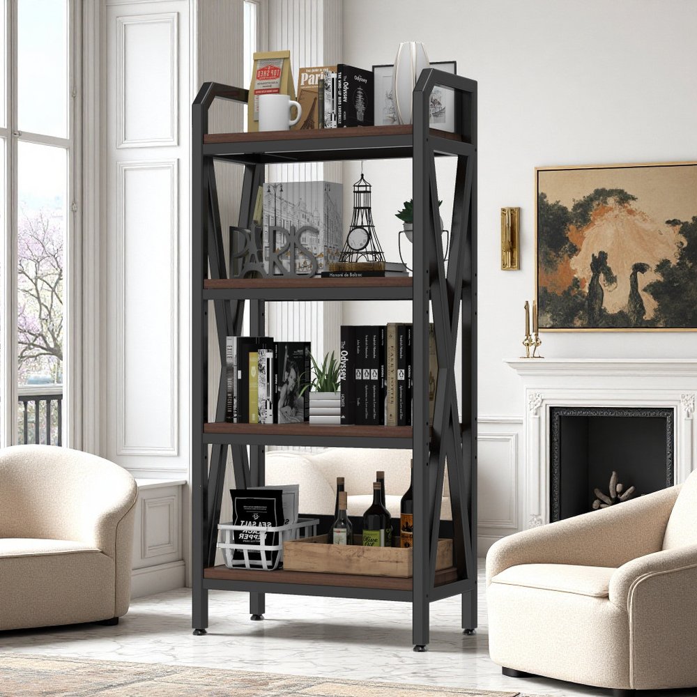 56" Black And Brown Metal and Wood Four Tier Etagere Bookcase HomeRoots
