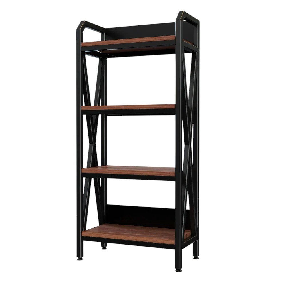 56" Black And Brown Metal and Wood Four Tier Etagere Bookcase HomeRoots