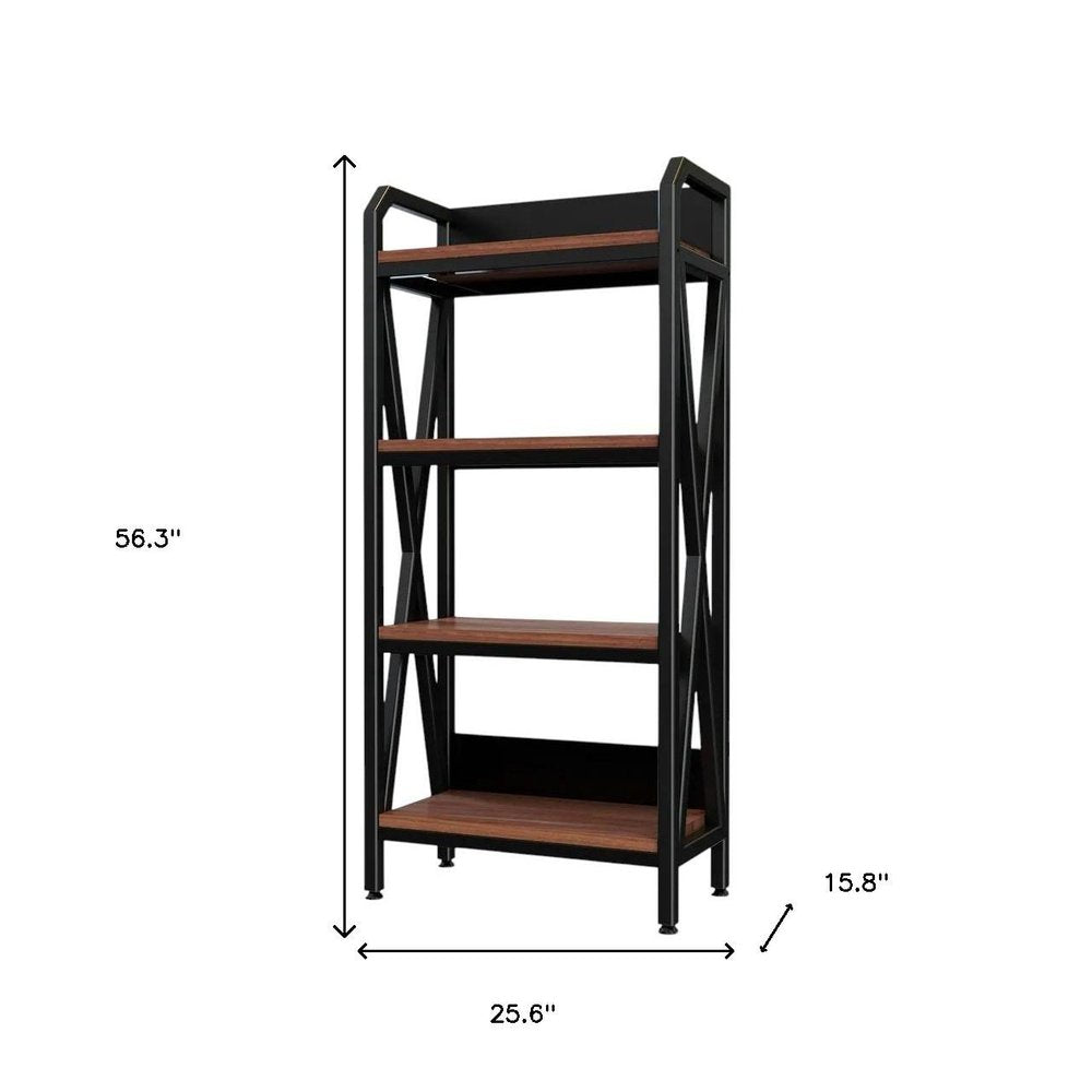 56" Black And Brown Metal and Wood Four Tier Etagere Bookcase HomeRoots