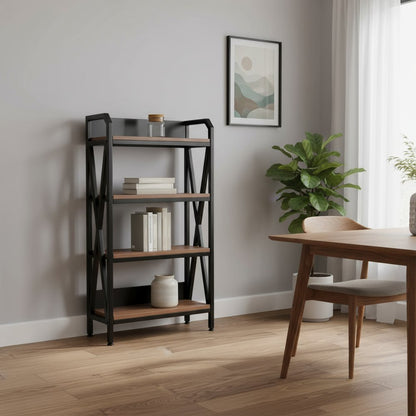 56" Black And Brown Metal and Wood Four Tier Etagere Bookcase HomeRoots