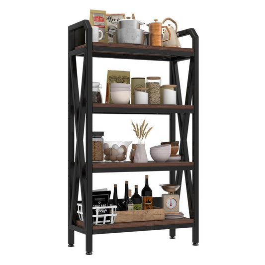56" Black And Brown Metal and Wood Four Tier Etagere Bookcase HomeRoots