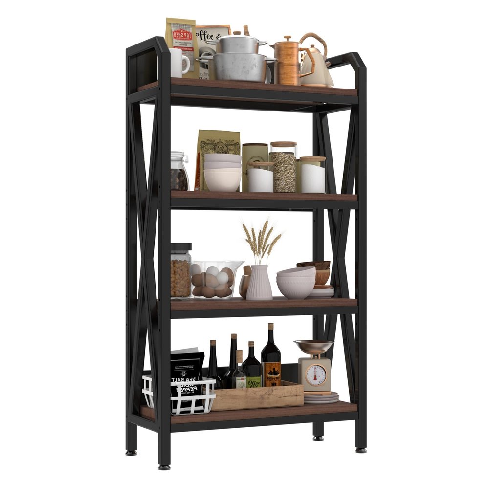 56" Black And Brown Metal and Wood Four Tier Etagere Bookcase HomeRoots