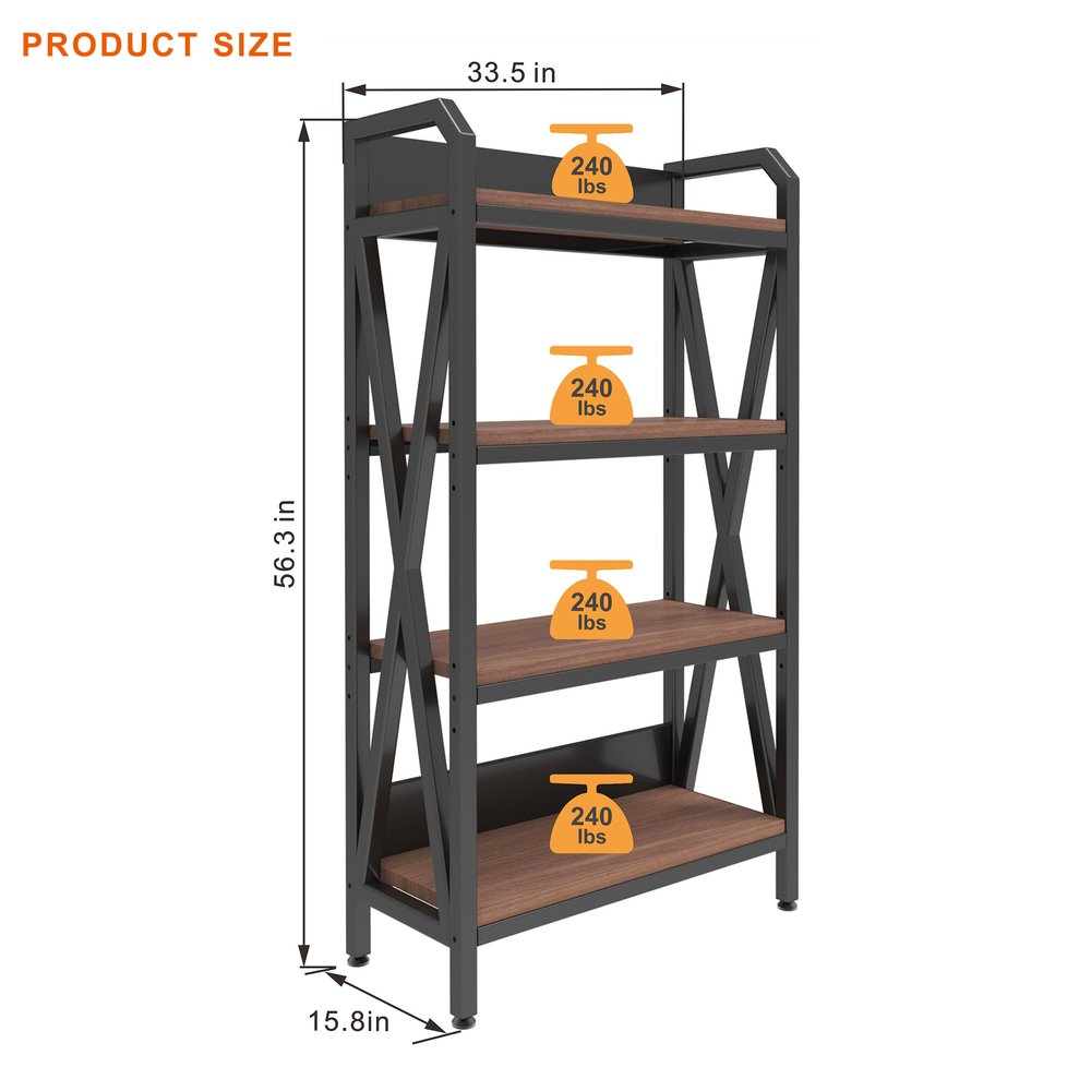 56" Black And Brown Metal and Wood Four Tier Etagere Bookcase HomeRoots
