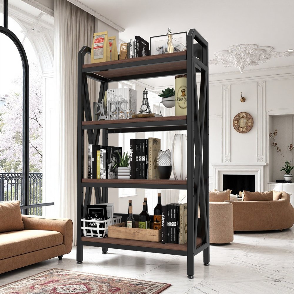 56" Black And Brown Metal and Wood Four Tier Etagere Bookcase HomeRoots