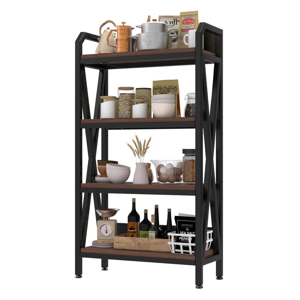 56" Black And Brown Metal and Wood Four Tier Etagere Bookcase HomeRoots
