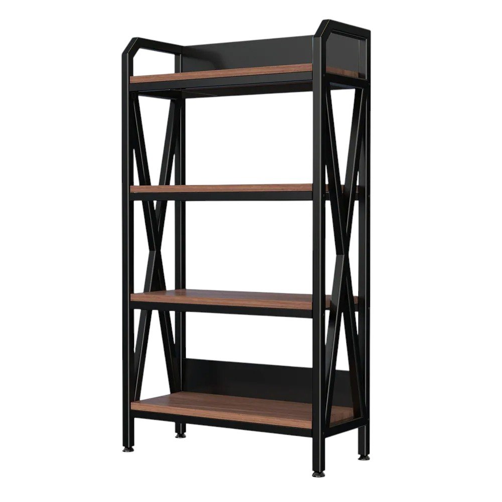 56" Black And Brown Metal and Wood Four Tier Etagere Bookcase HomeRoots
