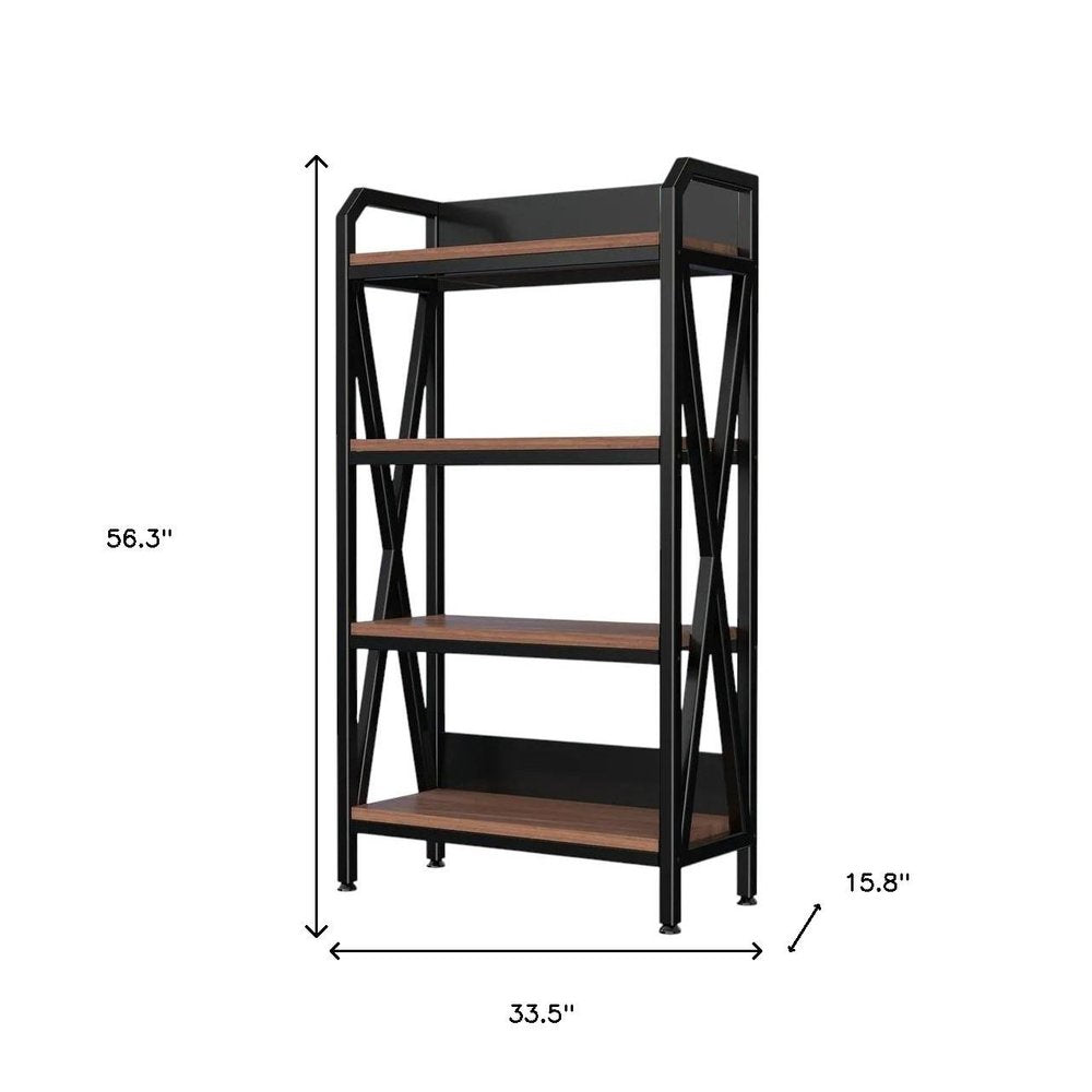 56" Black And Brown Metal and Wood Four Tier Etagere Bookcase HomeRoots