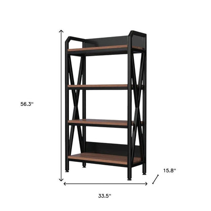 56" Black And Brown Metal and Wood Four Tier Etagere Bookcase HomeRoots