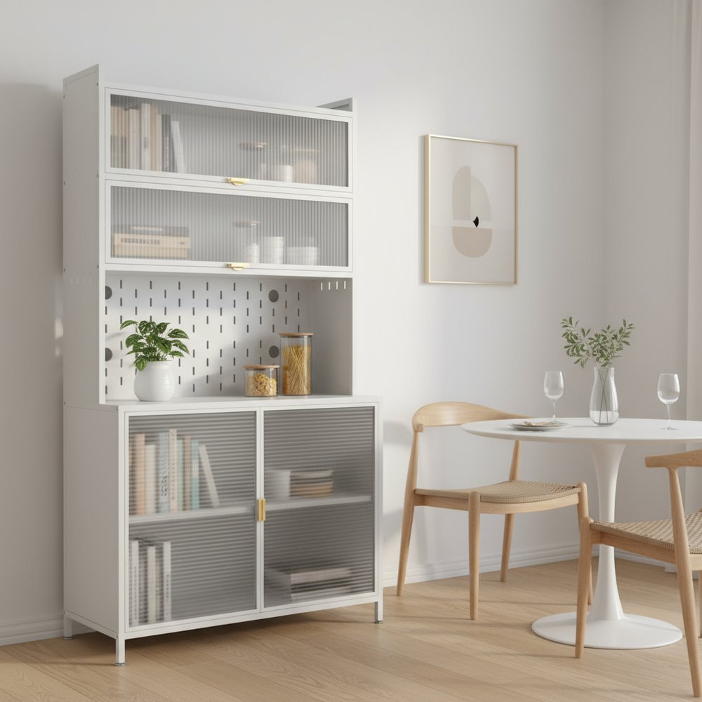 73" White Stainless Steel Textured Door Dining Hutch With Two Doors HomeRoots