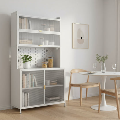73" White Stainless Steel Textured Door Dining Hutch With Two Doors HomeRoots