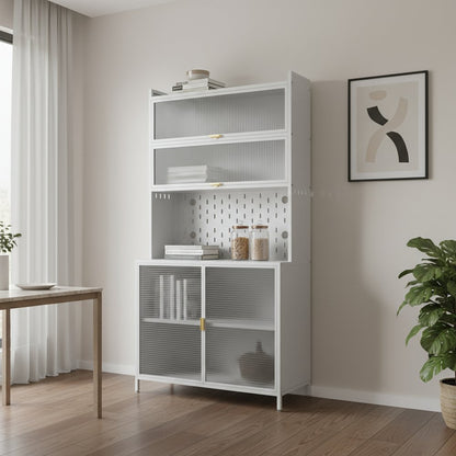 73" White Stainless Steel Textured Door Dining Hutch With Two Doors HomeRoots