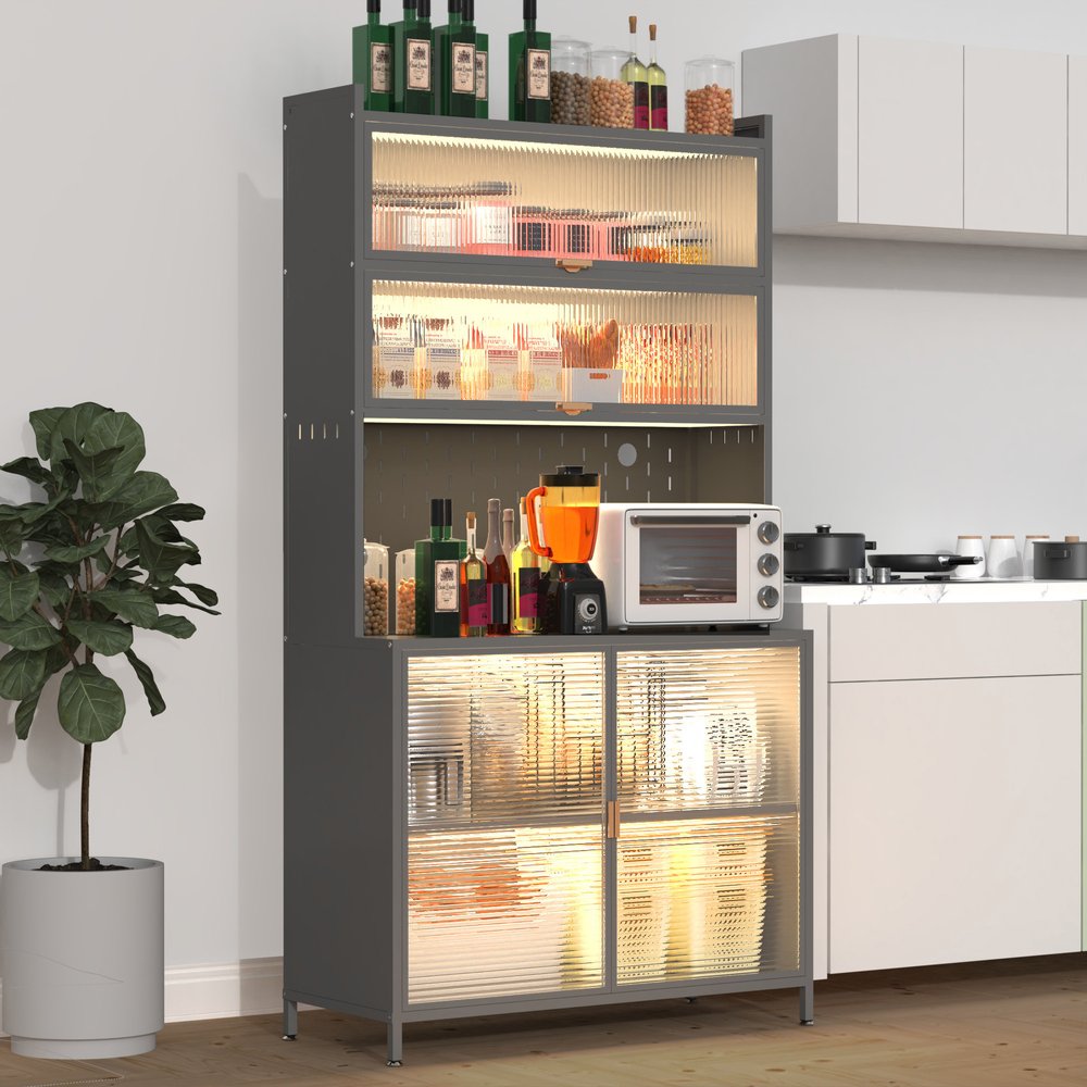 73" Gray Stainless Steel Textured Door Dining Hutch With Two Doors HomeRoots