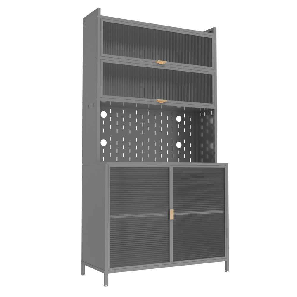 73" Gray Stainless Steel Textured Door Dining Hutch With Two Doors HomeRoots