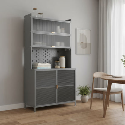 73" Gray Stainless Steel Textured Door Dining Hutch With Two Doors HomeRoots