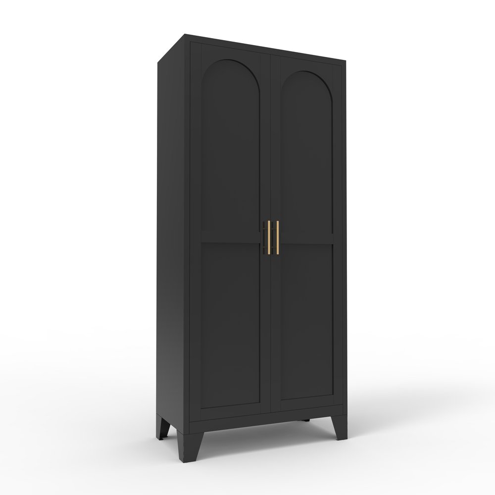 71" Black Stainless Steel Pantry Or Storage Closet With Arched Panel Doors HomeRoots