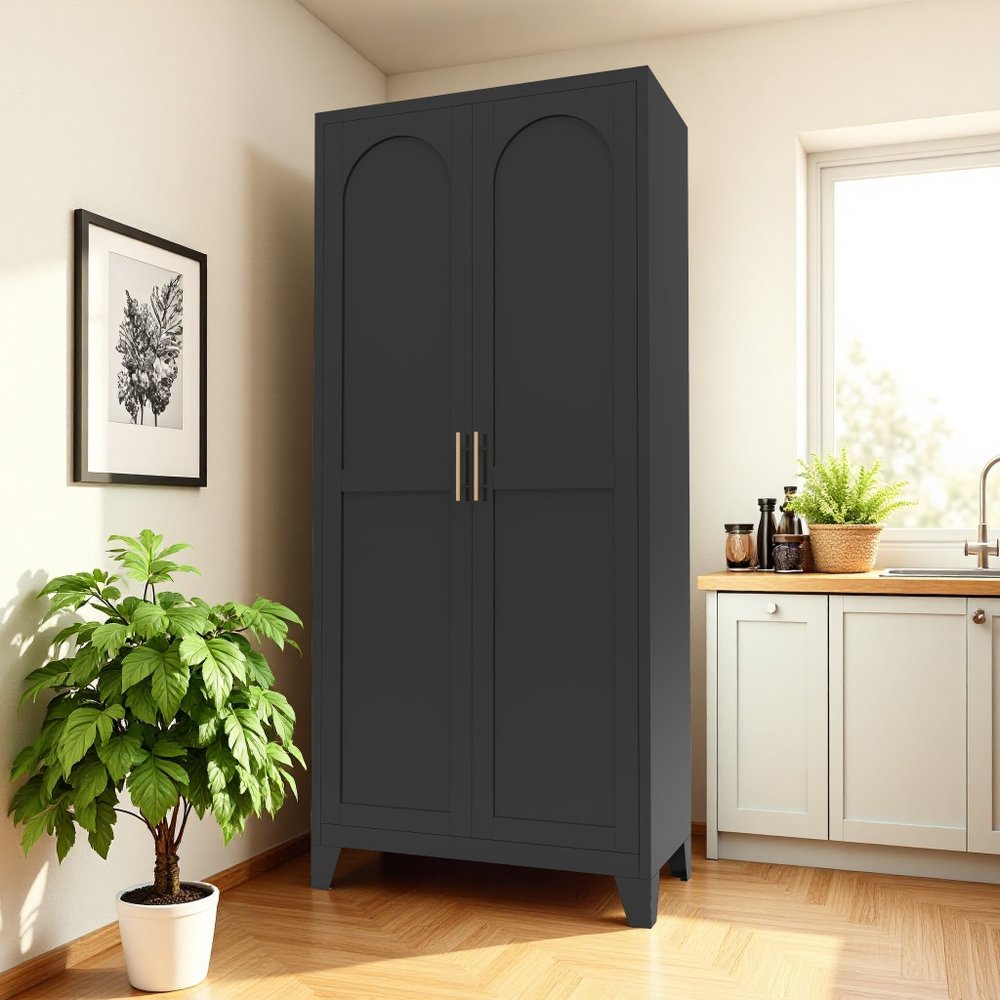 71" Black Stainless Steel Pantry Or Storage Closet With Arched Panel Doors HomeRoots