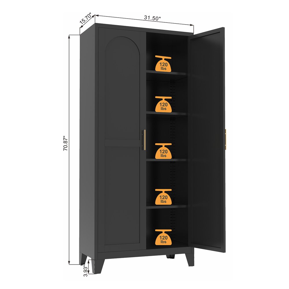 71" Black Stainless Steel Pantry Or Storage Closet With Arched Panel Doors HomeRoots