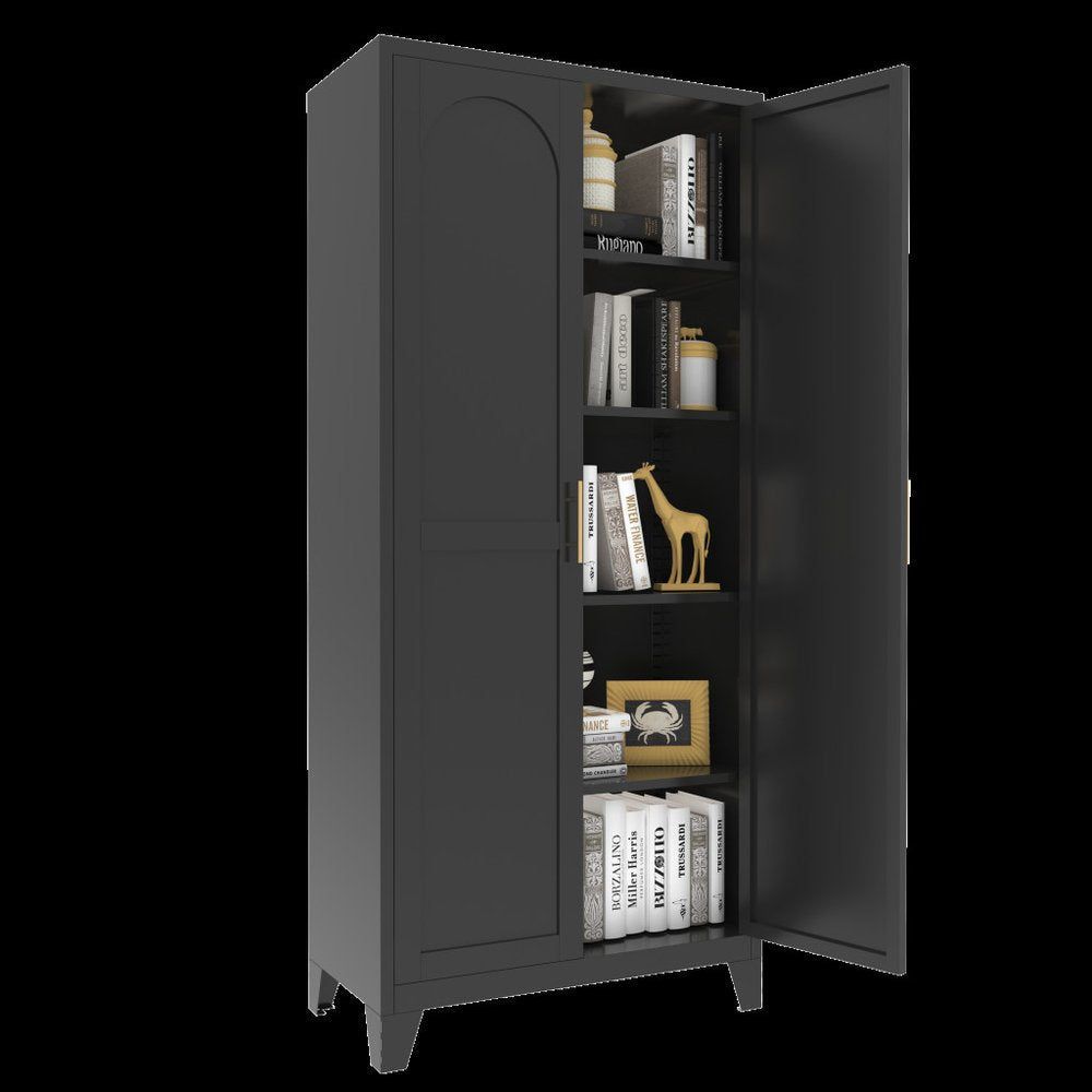 71" Black Stainless Steel Pantry Or Storage Closet With Arched Panel Doors HomeRoots