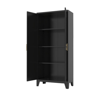 71" Black Stainless Steel Pantry Or Storage Closet With Arched Panel Doors HomeRoots