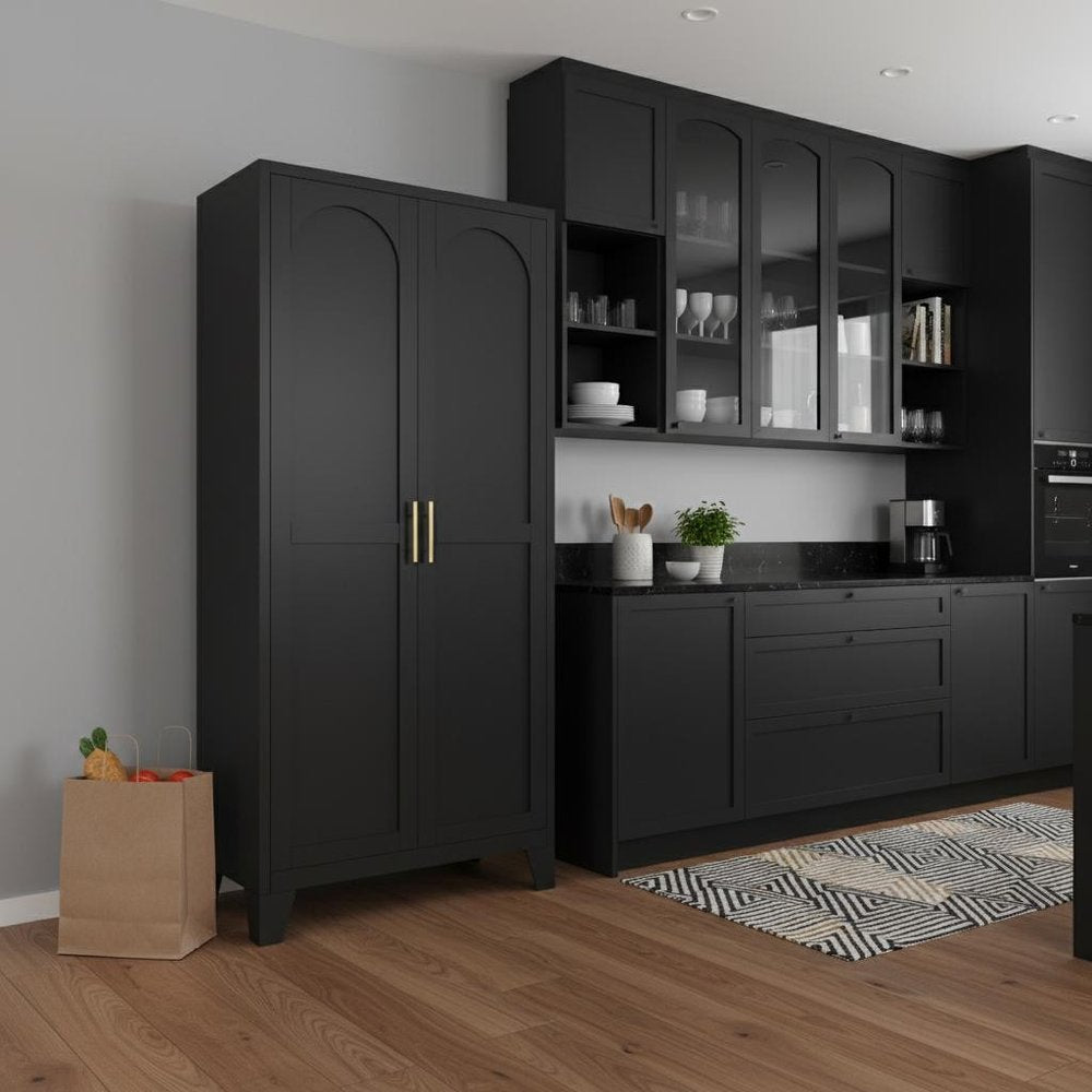 71" Black Stainless Steel Pantry Or Storage Closet With Arched Panel Doors HomeRoots