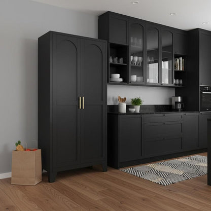 71" Black Stainless Steel Pantry Or Storage Closet With Arched Panel Doors HomeRoots