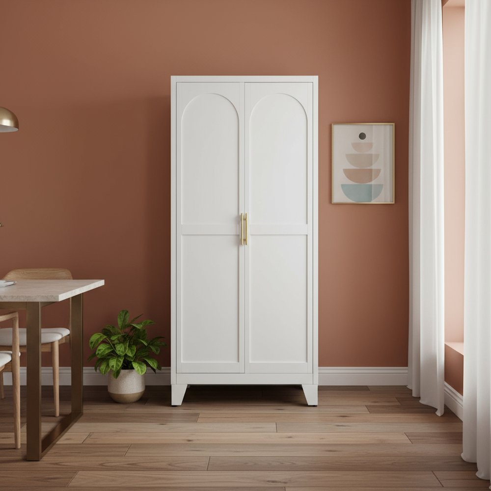 71" White Steel Pantry Or Storage Closet With Arched Panel Doors HomeRoots
