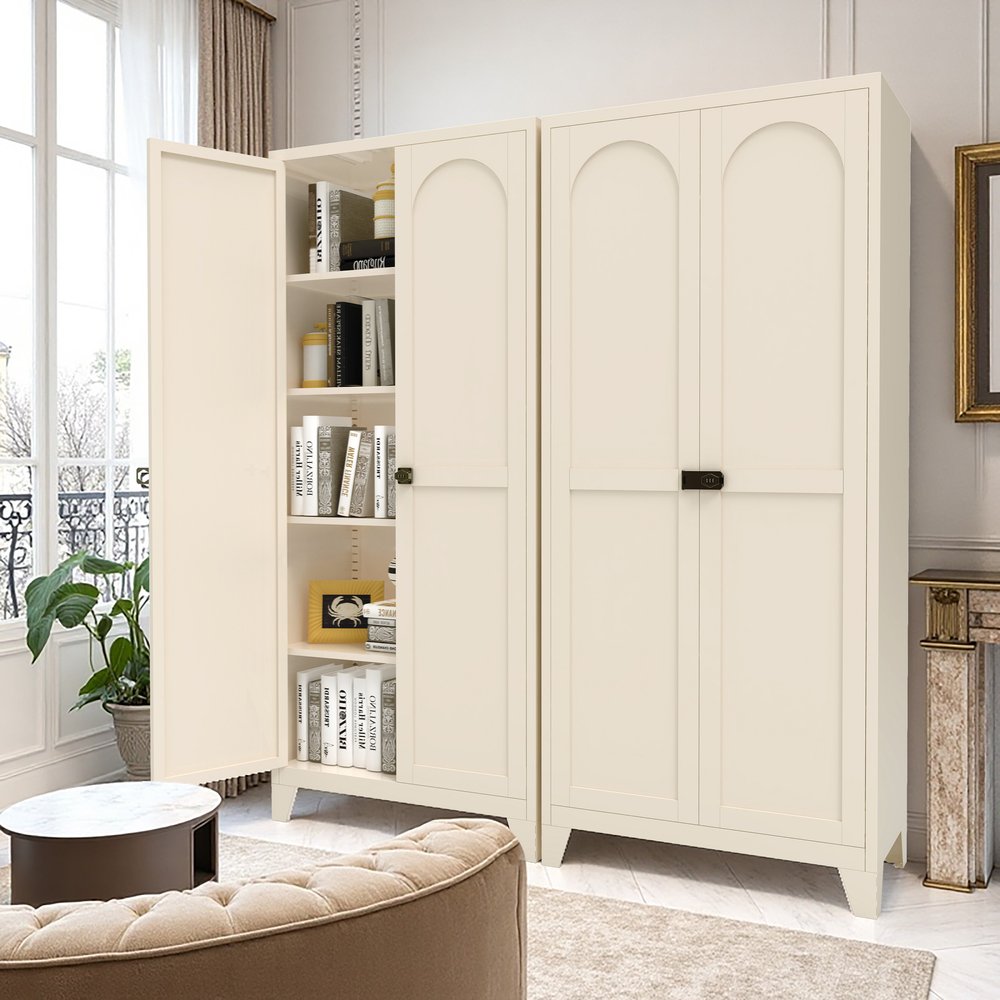 71" Cream Stainless Steel Locking Pantry Or Storage Closet With Arched Panel Doors HomeRoots