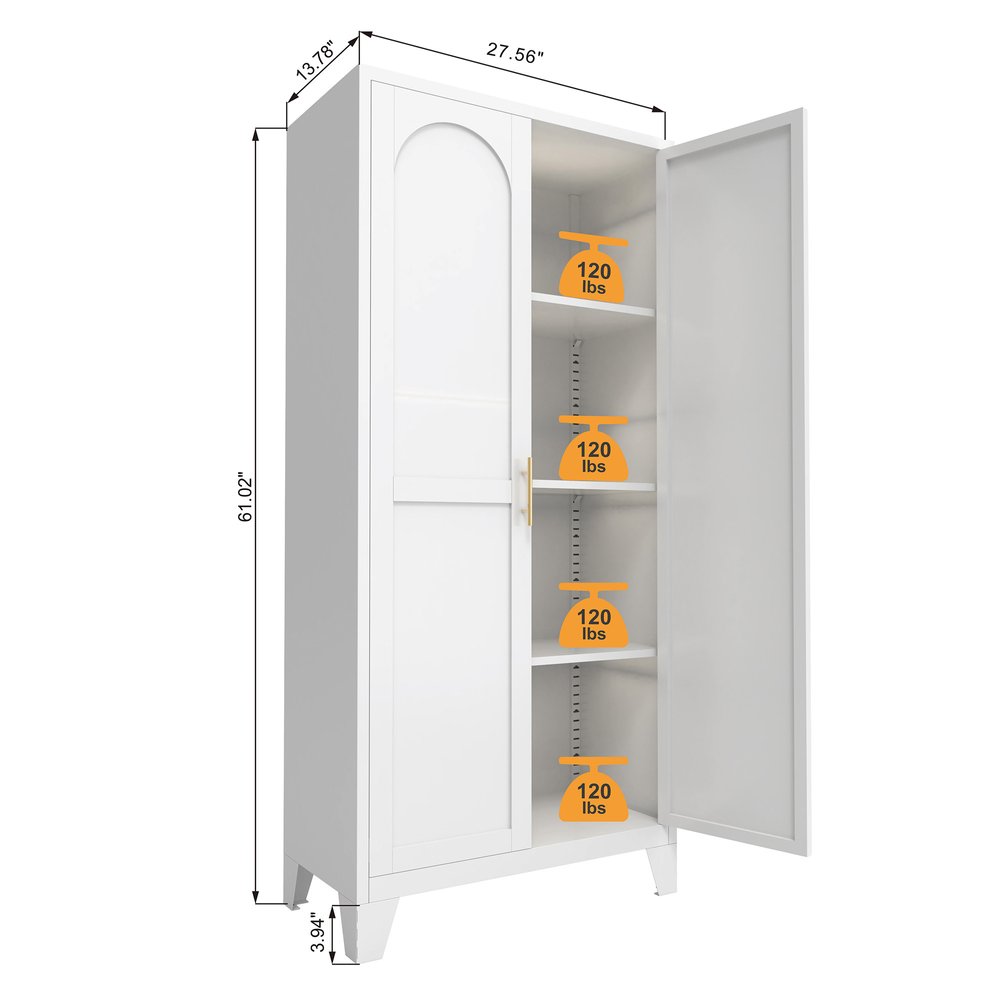 71" Cream Stainless Steel Locking Pantry Or Storage Closet With Arched Panel Doors HomeRoots