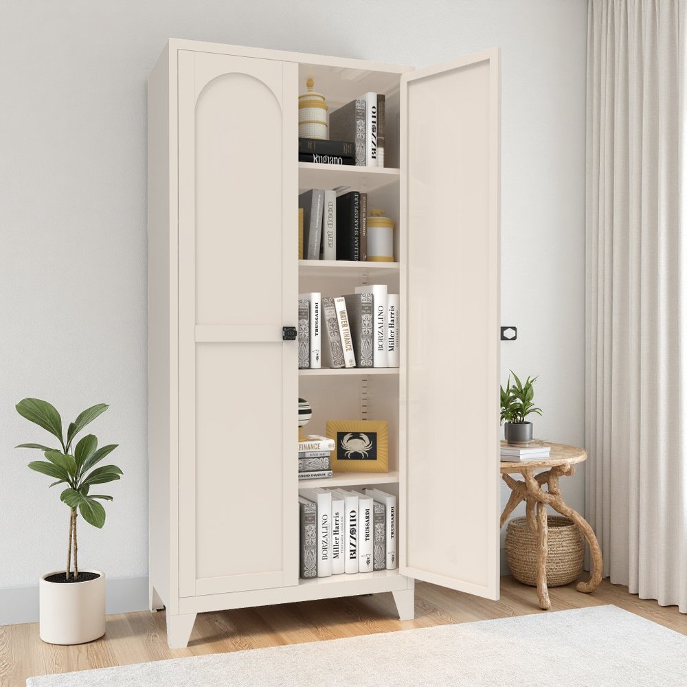 71" Cream Stainless Steel Locking Pantry Or Storage Closet With Arched Panel Doors HomeRoots