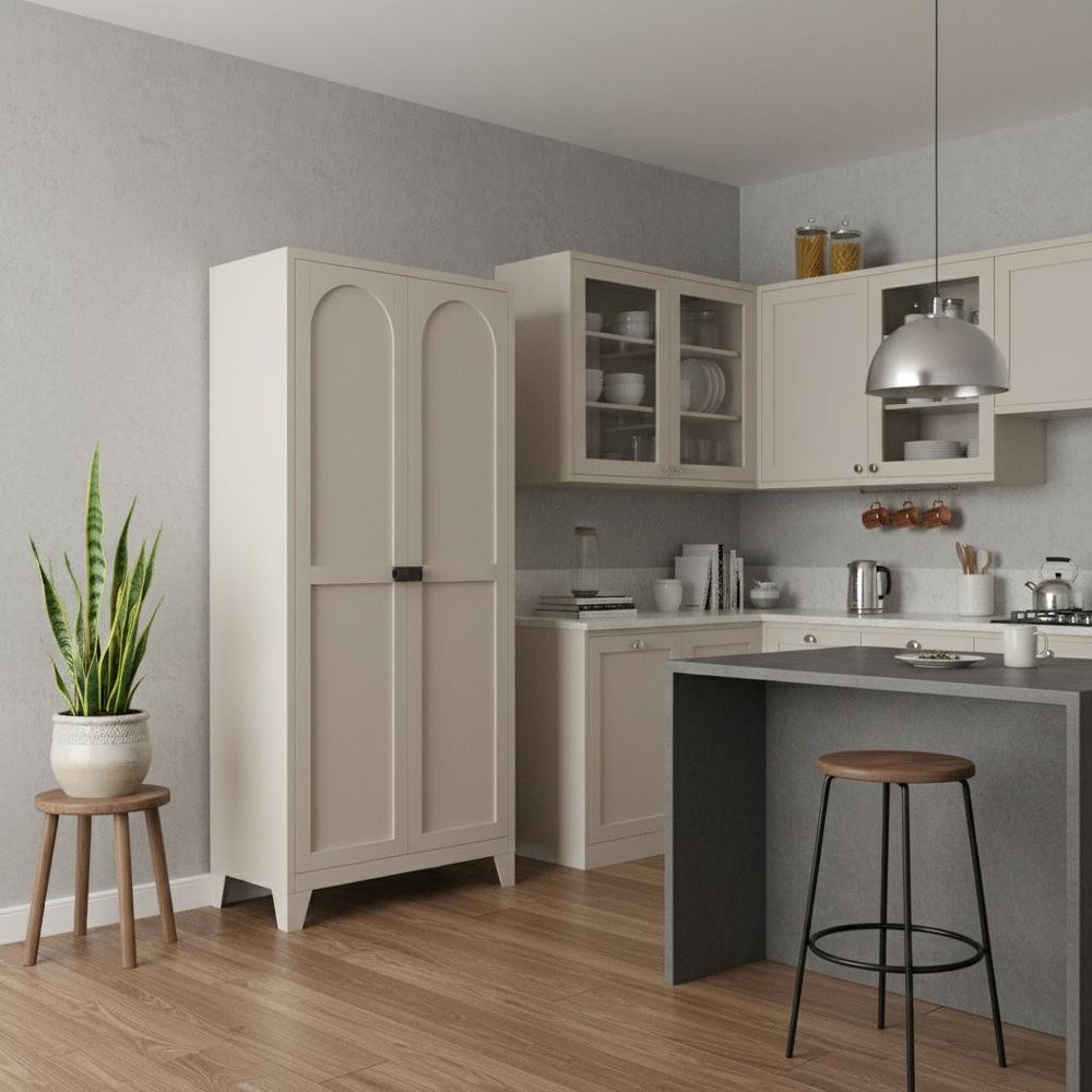 71" Cream Stainless Steel Locking Pantry Or Storage Closet With Arched Panel Doors HomeRoots