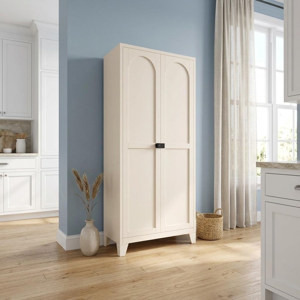 71" Cream Stainless Steel Locking Pantry Or Storage Closet With Arched Panel Doors HomeRoots