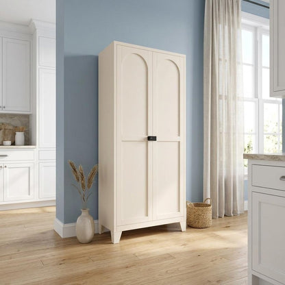 71" Cream Stainless Steel Locking Pantry Or Storage Closet With Arched Panel Doors HomeRoots