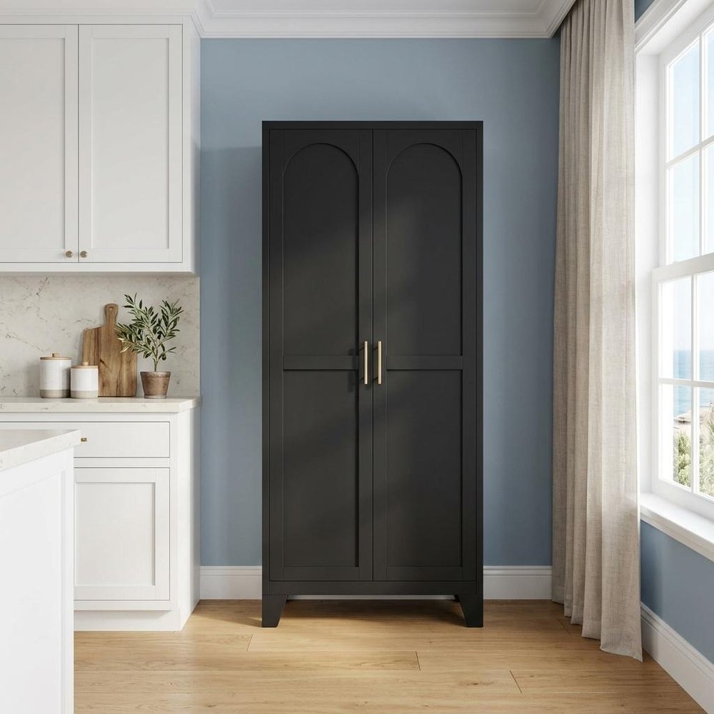 61" White Stainless Steel Pantry Or Storage Closet With Arched Panel Doors HomeRoots