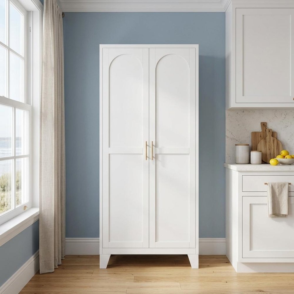61" White Stainless Steel Pantry Or Storage Closet With Arched Panel Doors HomeRoots