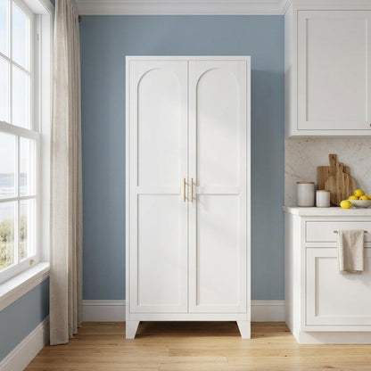 61" White Stainless Steel Pantry Or Storage Closet With Arched Panel Doors HomeRoots
