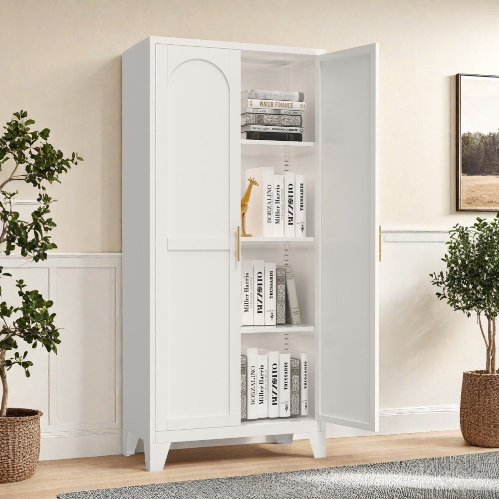 61" White Stainless Steel Pantry Or Storage Closet With Arched Panel Doors HomeRoots