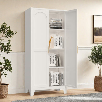 61" White Stainless Steel Pantry Or Storage Closet With Arched Panel Doors HomeRoots