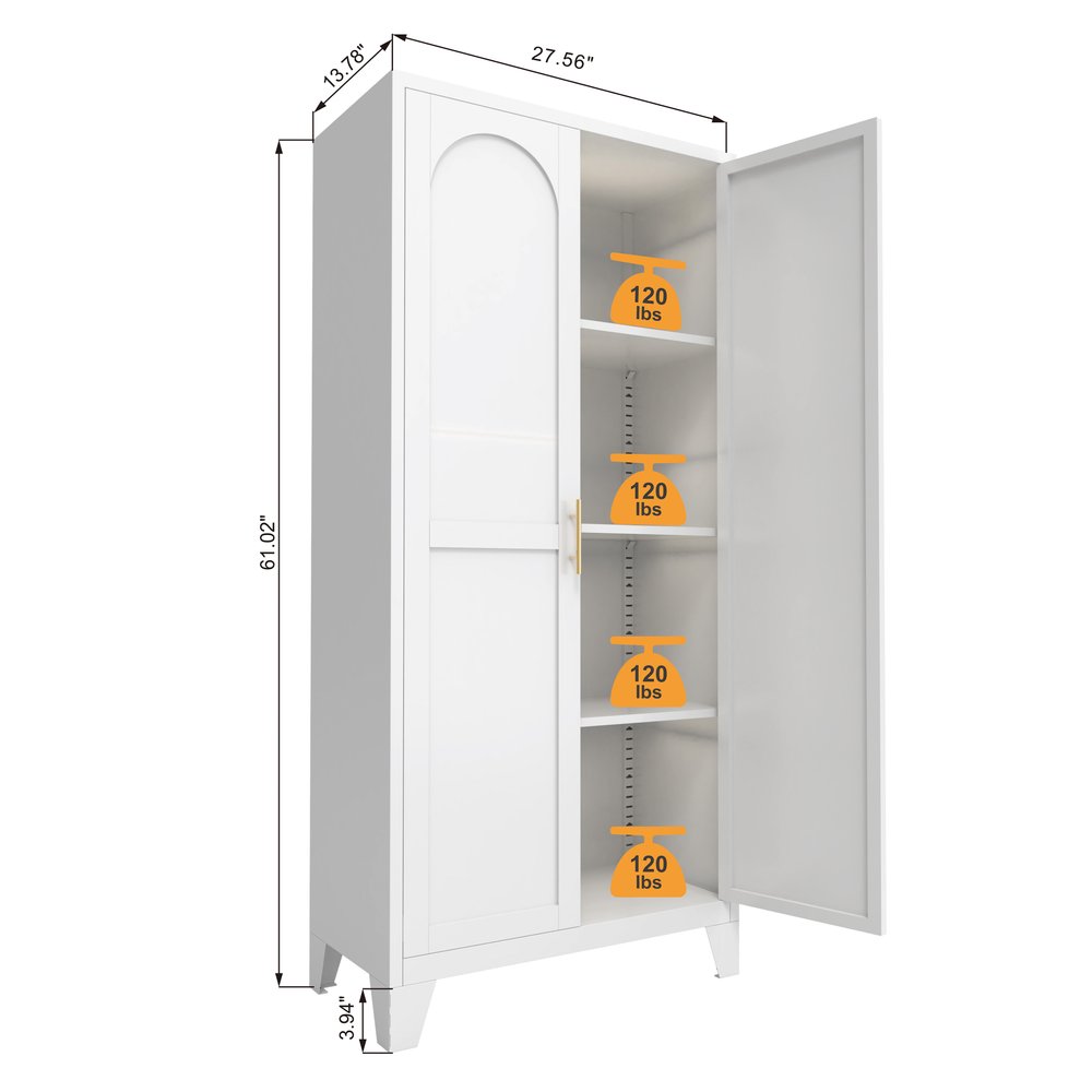 61" White Stainless Steel Pantry Or Storage Closet With Arched Panel Doors HomeRoots