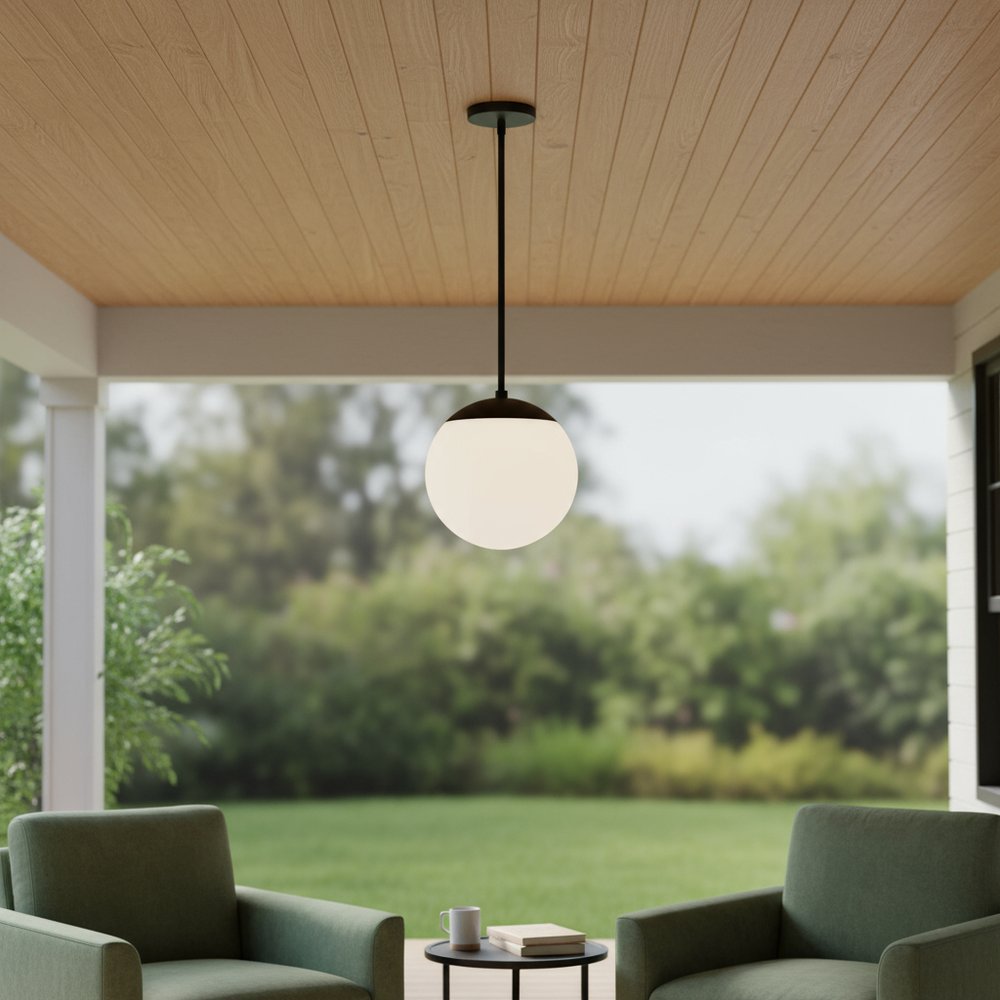 10" Black And White Frosted LED Dimmable Outdoor Globe Hanging Light HomeRoots