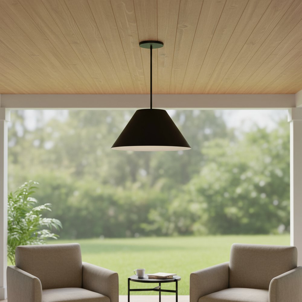 22" Black Aluminum Cone LED Dimmable Outdoor Pendent Hanging Light HomeRoots