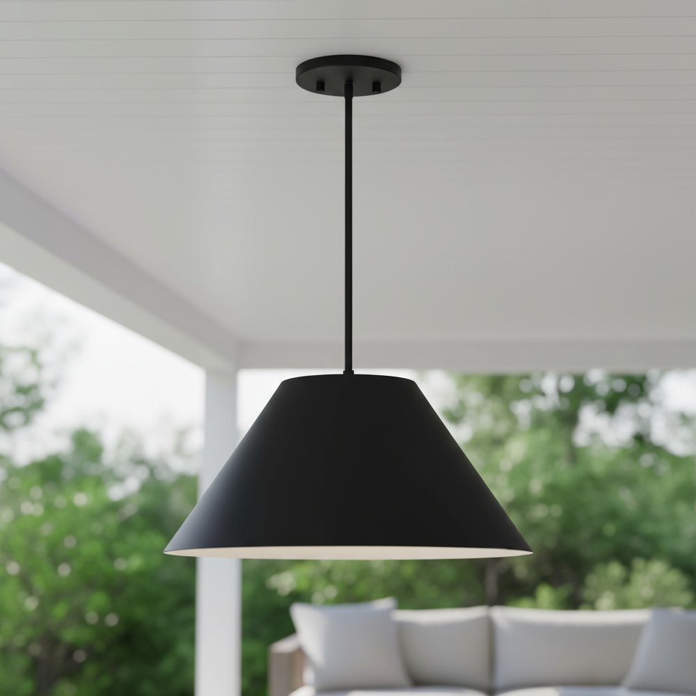 22" Black Aluminum Cone LED Dimmable Outdoor Pendent Hanging Light HomeRoots