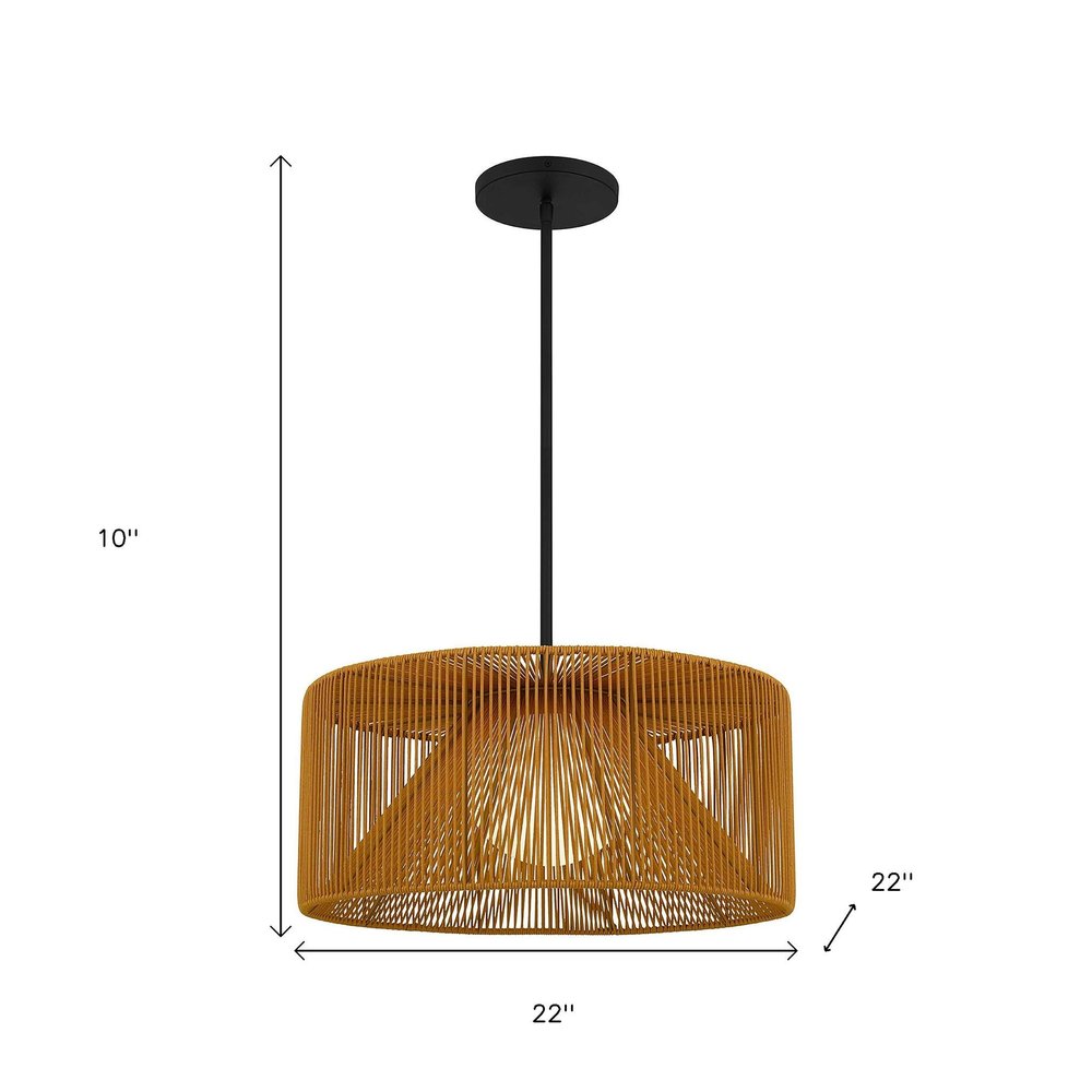 Natural And Black Rattan String And Metal LED Dimmable Outdoor Hanging Pendent Light HomeRoots