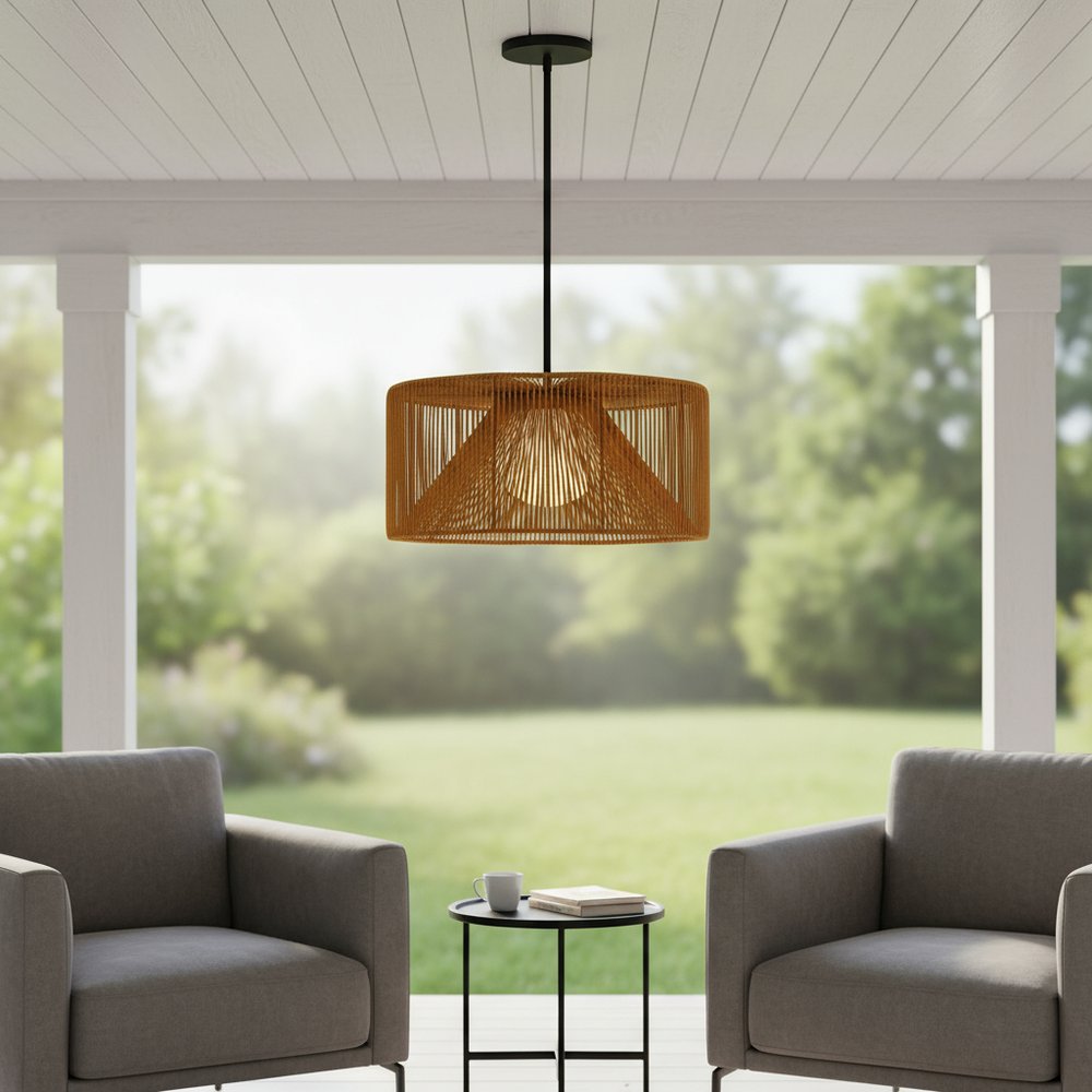 Natural And Black Rattan String And Metal LED Dimmable Outdoor Hanging Pendent Light HomeRoots