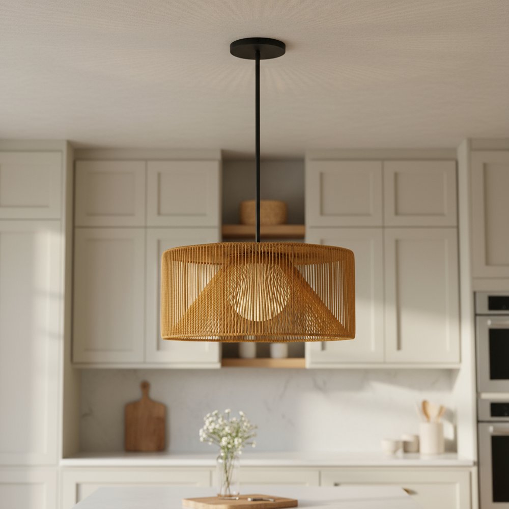 Natural And Black Rattan String And Metal LED Dimmable Outdoor Hanging Pendent Light HomeRoots