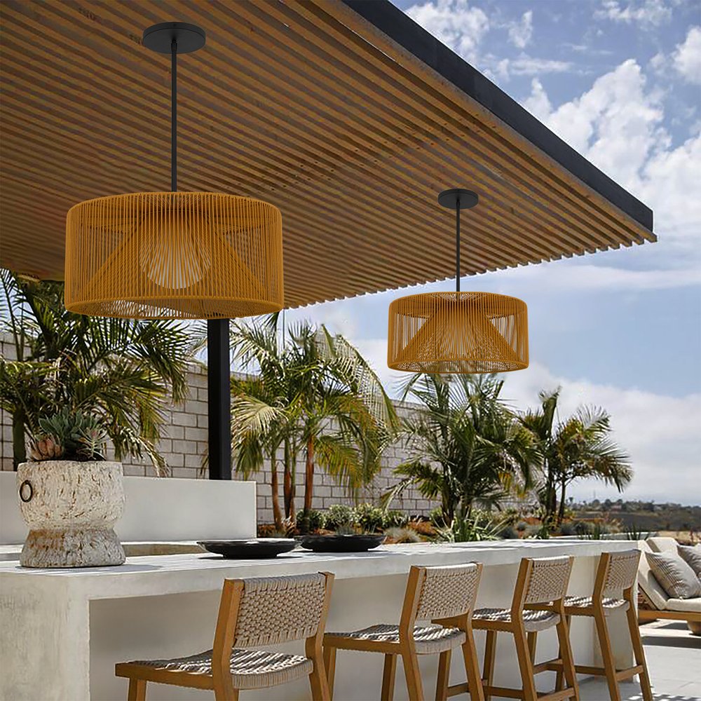 Natural And Black Rattan String And Metal LED Dimmable Outdoor Hanging Pendent Light HomeRoots