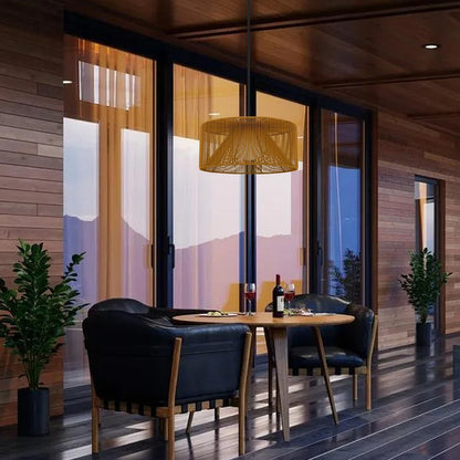 Natural And Black Rattan String And Metal LED Dimmable Outdoor Hanging Pendent Light HomeRoots