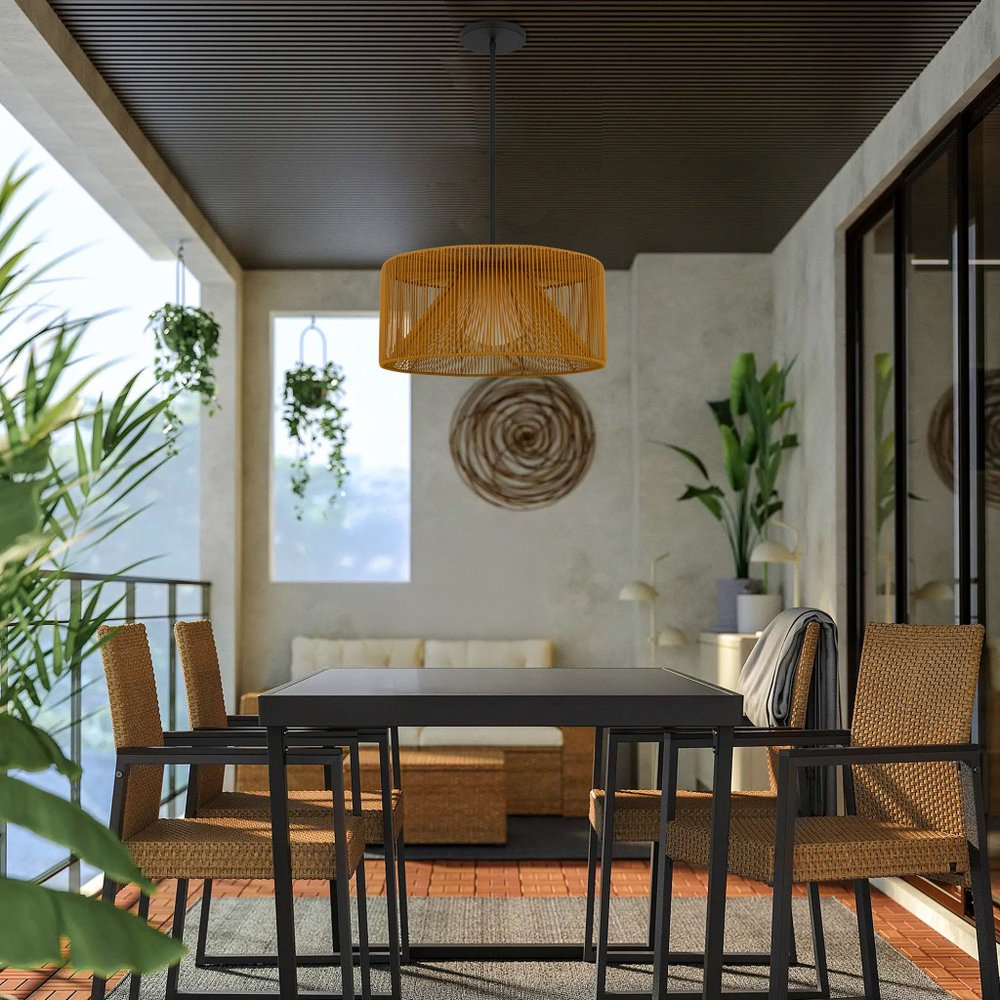 Natural And Black Rattan String And Metal LED Dimmable Outdoor Hanging Pendent Light HomeRoots