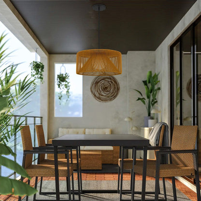 Natural And Black Rattan String And Metal LED Dimmable Outdoor Hanging Pendent Light HomeRoots