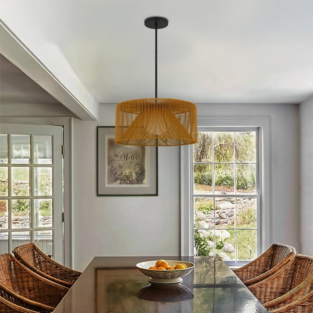 Natural And Black Rattan String And Metal LED Dimmable Outdoor Hanging Pendent Light HomeRoots